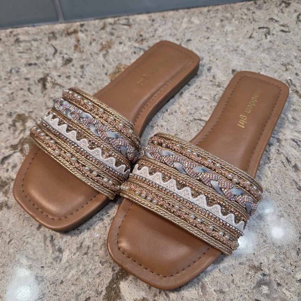 Madden Girl Womens Embellished Slide Sandals Tan Gold Pearl Rhinestone Size 6